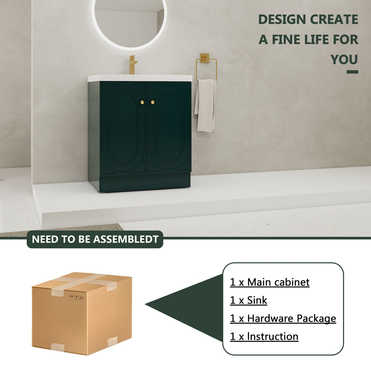 Freestanding bath vanity with resin sink, dark green cabinet on Tampa Home & Garden Store