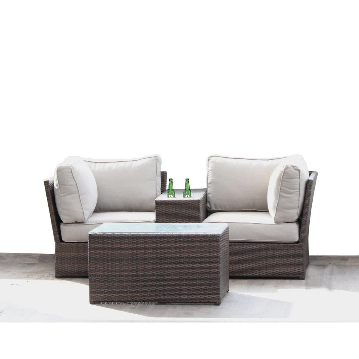 HouseOfZazla patio rattan sectional set with beige cushions and glass-top coffee table on Tampa Home & Garden Store