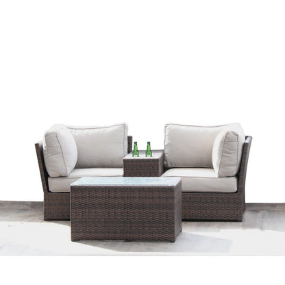 HouseOfZazla patio rattan sectional set with beige cushions and glass-top coffee table on Tampa Home & Garden Store