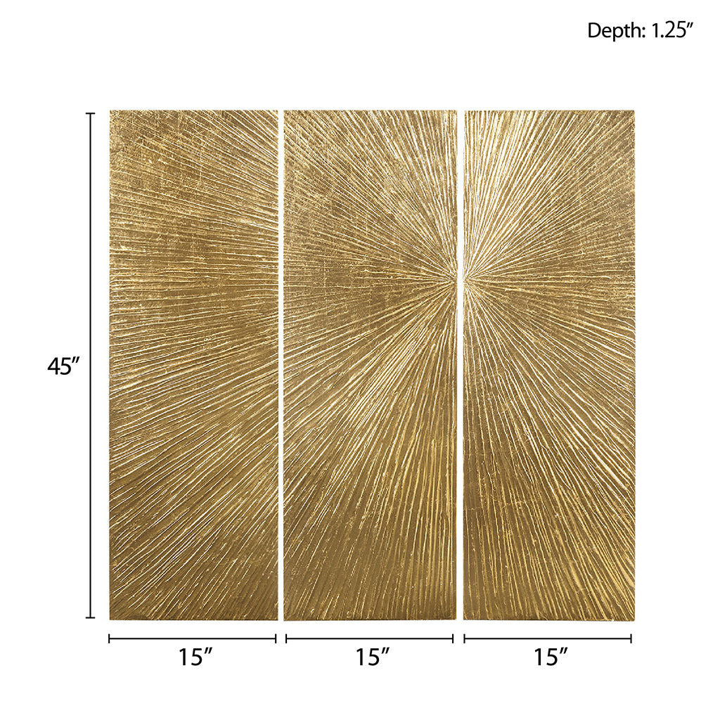 Lumina Aurea Signature Triptych gold wall art by HouseOfZazla, 3-panel design, 45in tall on Tampa Home & Garden Store