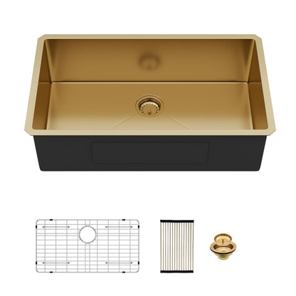 Undermount gold sink HouseOfZazla 32x19, deep single bowl, grid, drain on Tampa Home & Garden Store