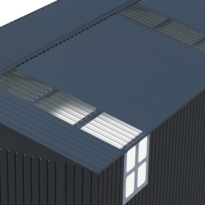 Outdoor storage shed 20x10 ft with dark gray corrugated metal roof panels on Tampa Home & Garden Store