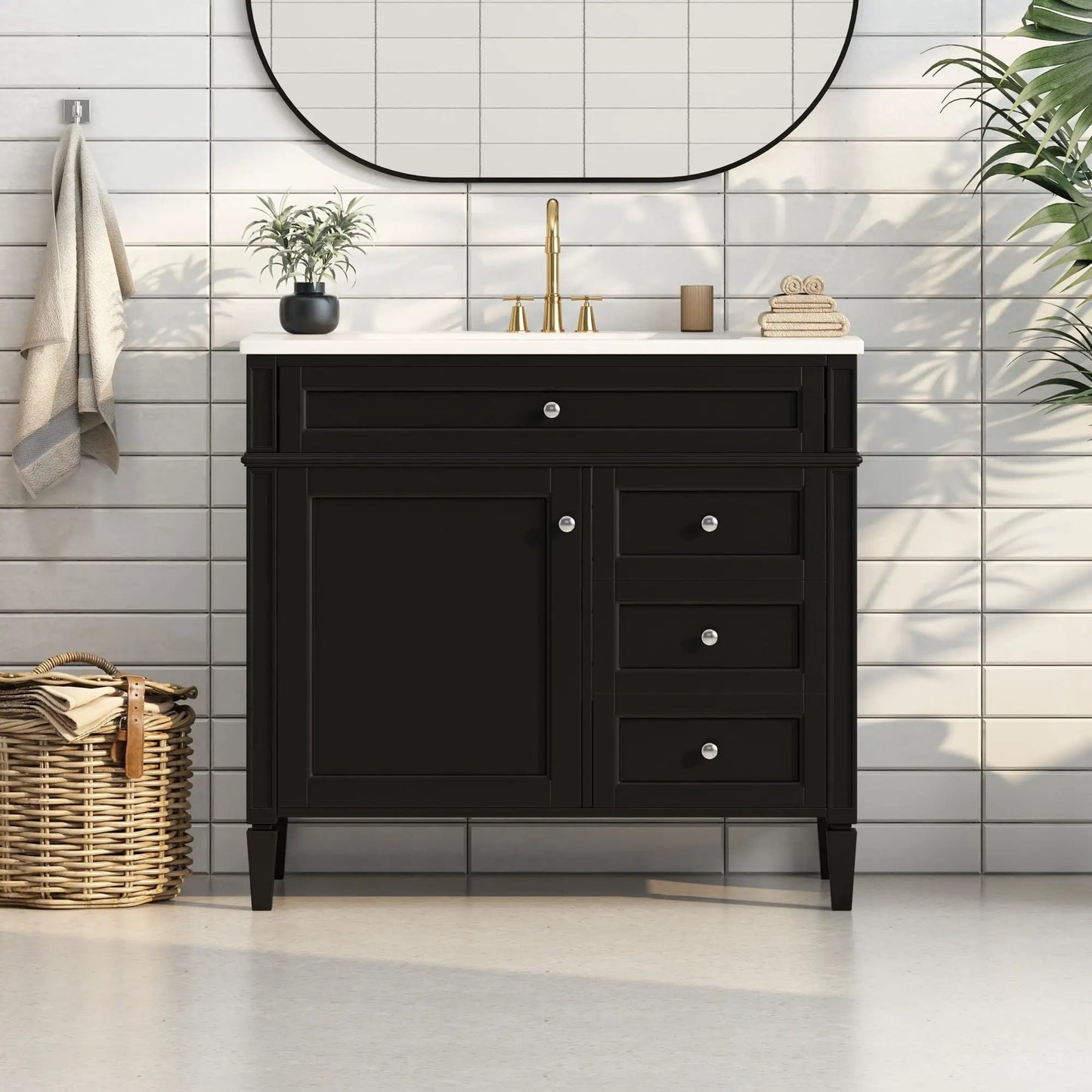 Bathroom vanity with 2 drawers, black base, white countertop, brass faucet by Unique Piece on Tampa Home & Garden Store