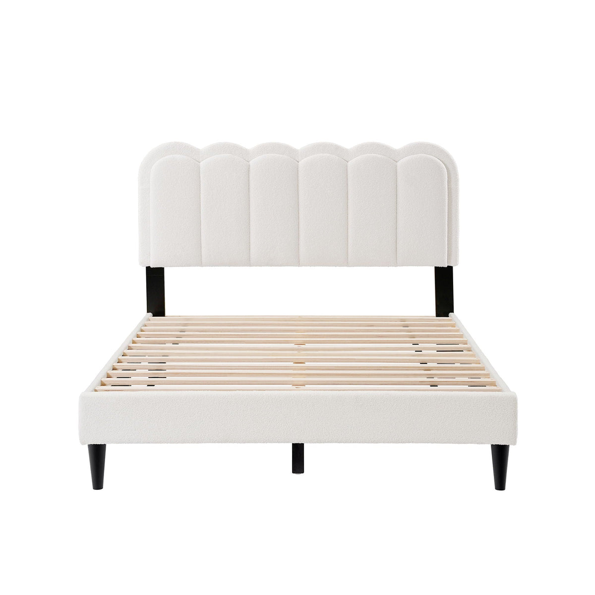 Lambswool Petal Headboard Bed Frame white upholstery with scalloped panels and black legs on Tampa Home & Garden Store