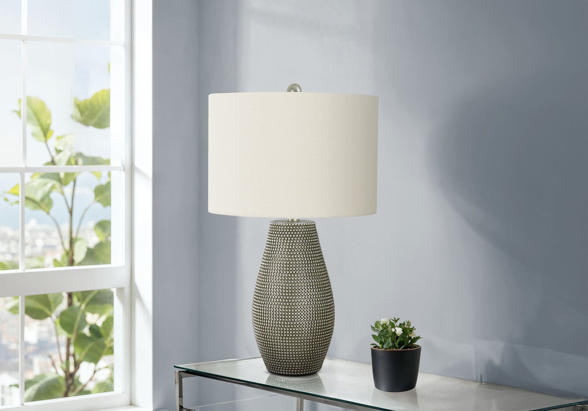Table lamp resin, contemporary gray base with beaded texture and white shade by HouseOfZazla on Tampa Home & Garden Store