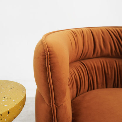 Walden Swivel Chair with Integrated Armrests, orange velvet upholstery, tufted back and arms on Tampa Home & Garden Store