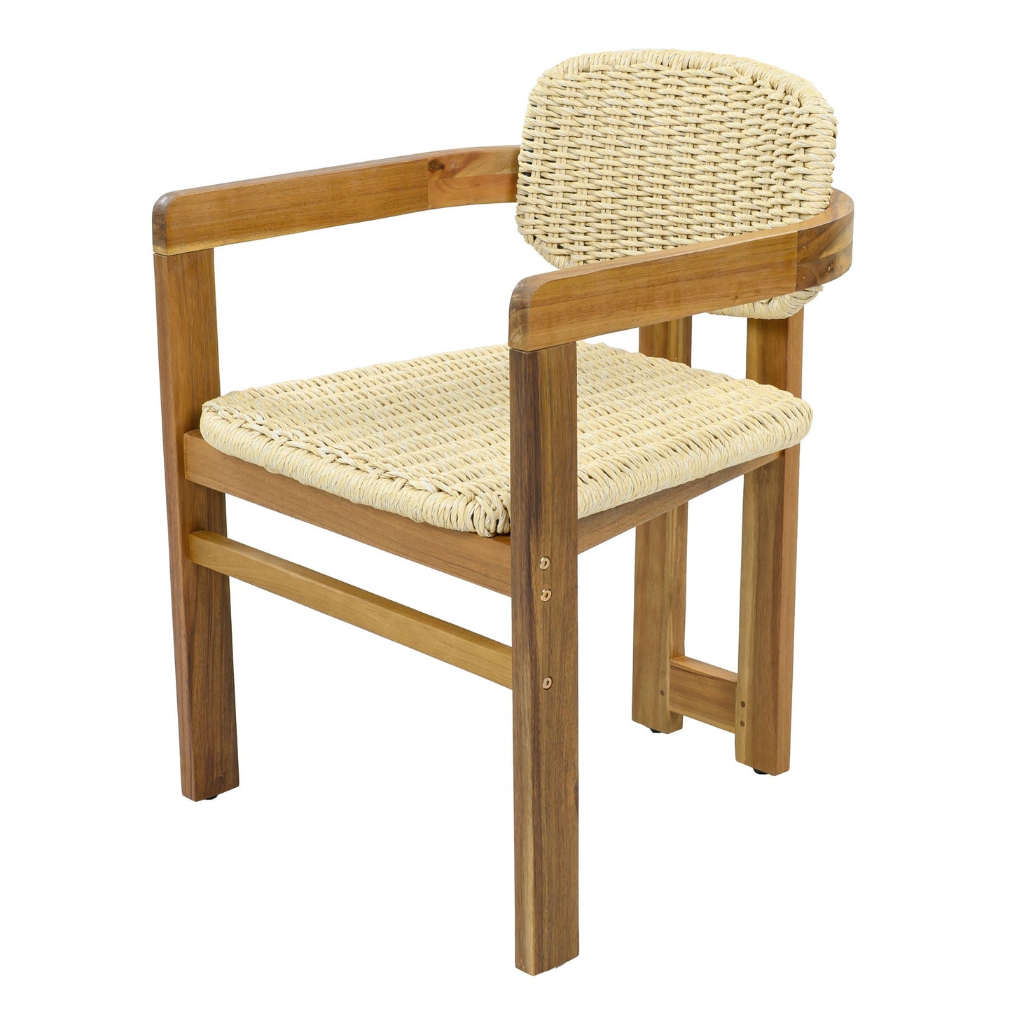 Outdoor accent armchair with natural teak frame and woven rattan seat and back on Tampa Home & Garden Store
