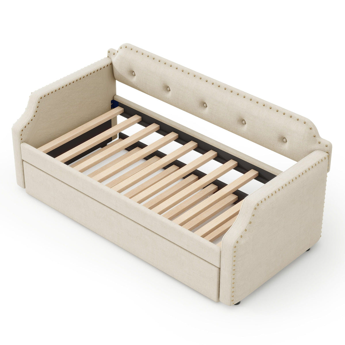 Upholstered daybed with trundle beige fabric nailhead trim tufted back wood slat base on Tampa Home & Garden Store