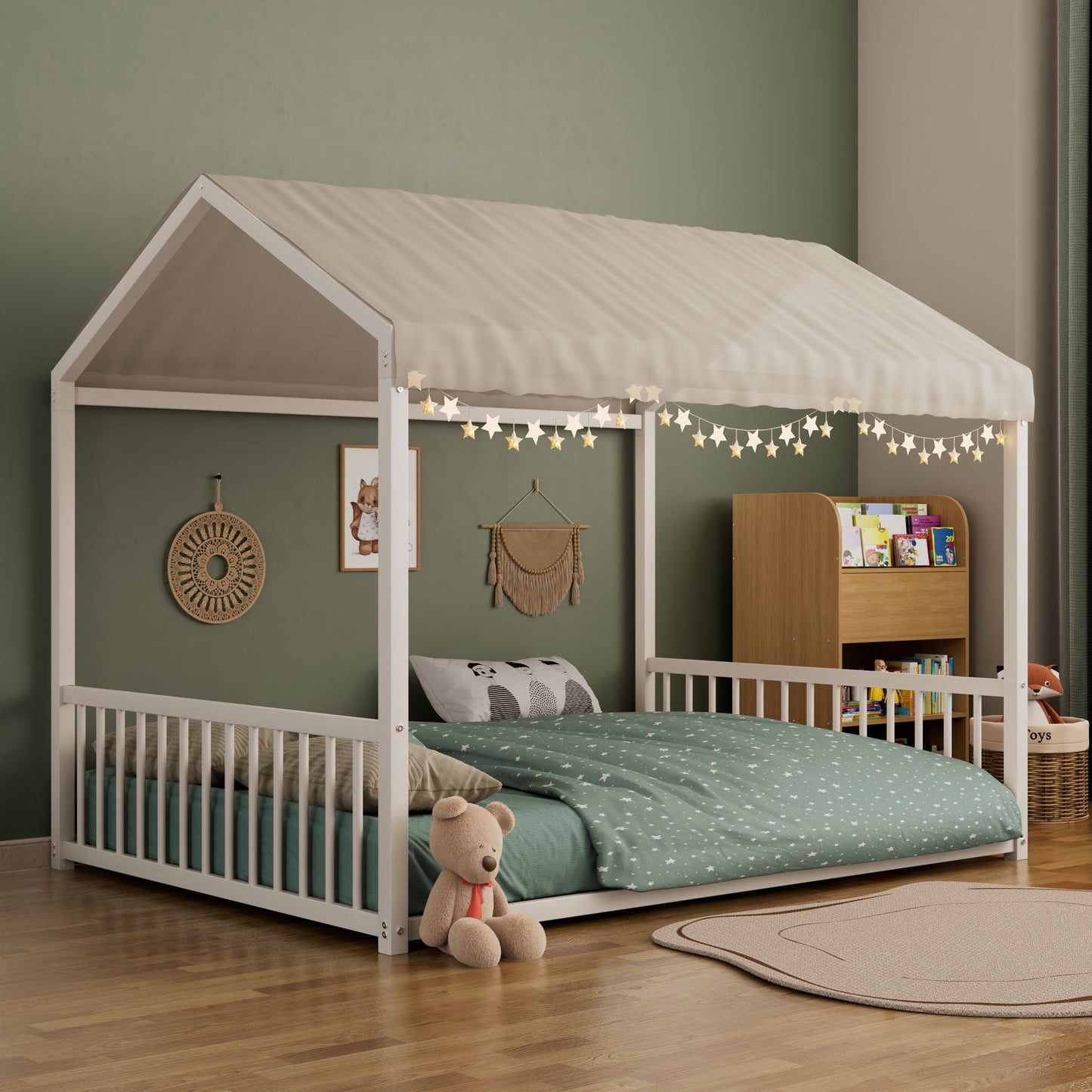 Montessori style floor house-shaped white canopy bed with safety guardrails on Tampa Home & Garden Store