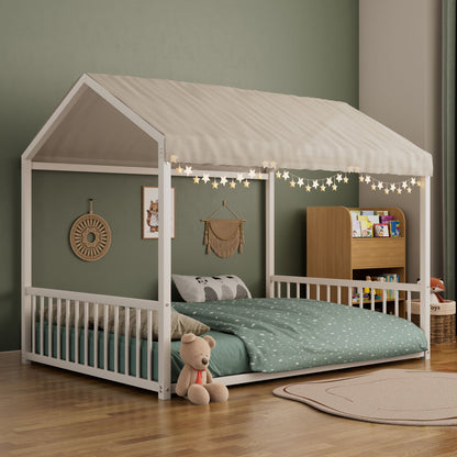 Montessori style floor house-shaped white canopy bed with safety guardrails on Tampa Home & Garden Store