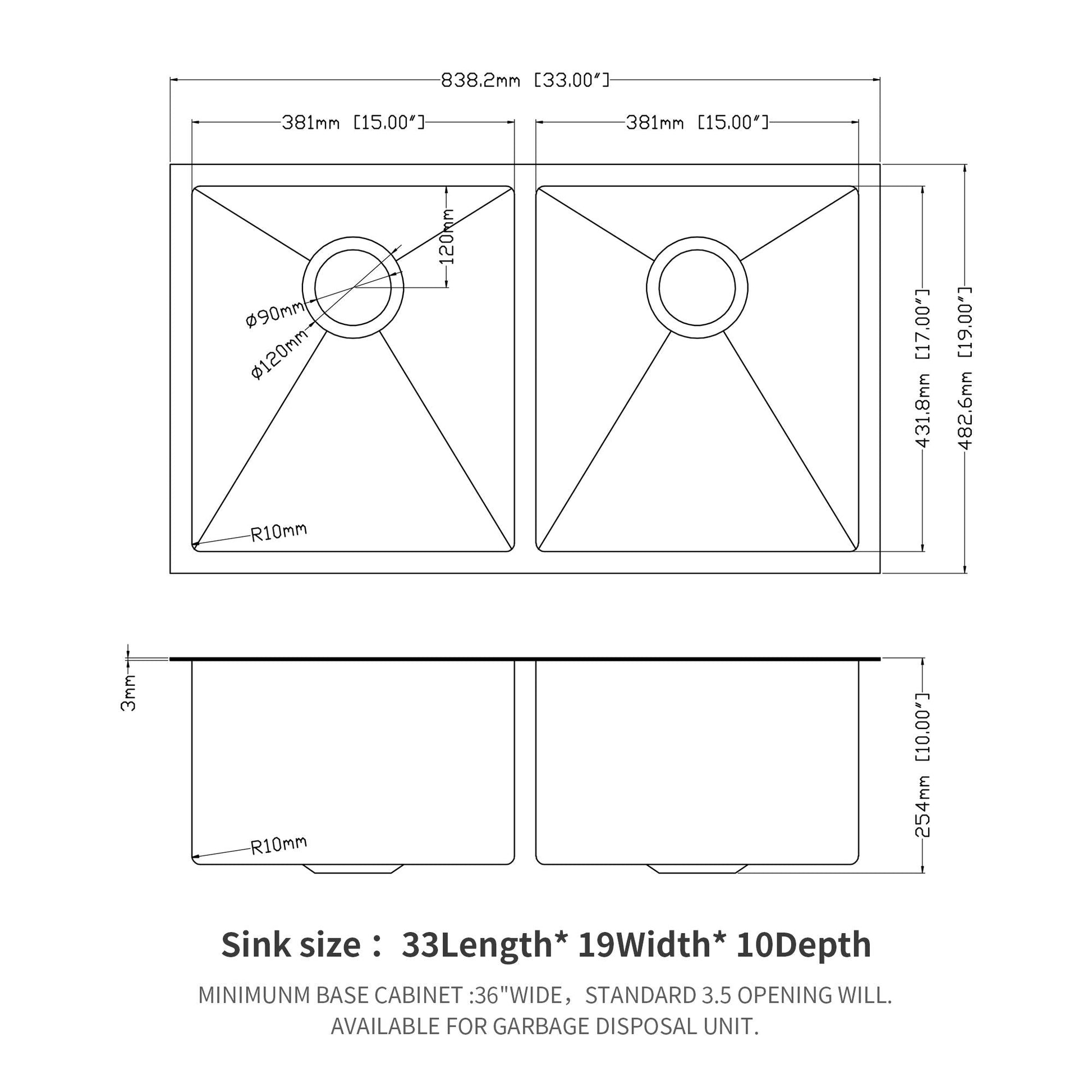 Double bowl undermount sink HouseOfZazla gunmetal black 33x19 16G two-basin 10in basins on Tampa Home & Garden Store