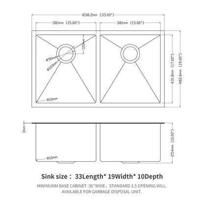 Double bowl undermount sink HouseOfZazla gunmetal black 33x19 16G two-basin 10in basins on Tampa Home & Garden Store