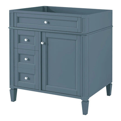 Bathroom vanity base with two drawers and tip-out drawer, storage cabinet in blue-gray finish on Tampa Home & Garden Store