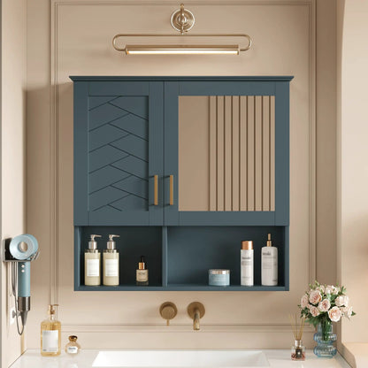 2-in-1 wall-mounted medicine cabinet in blue with gold handles and adjustable shelves on Tampa Home & Garden Store