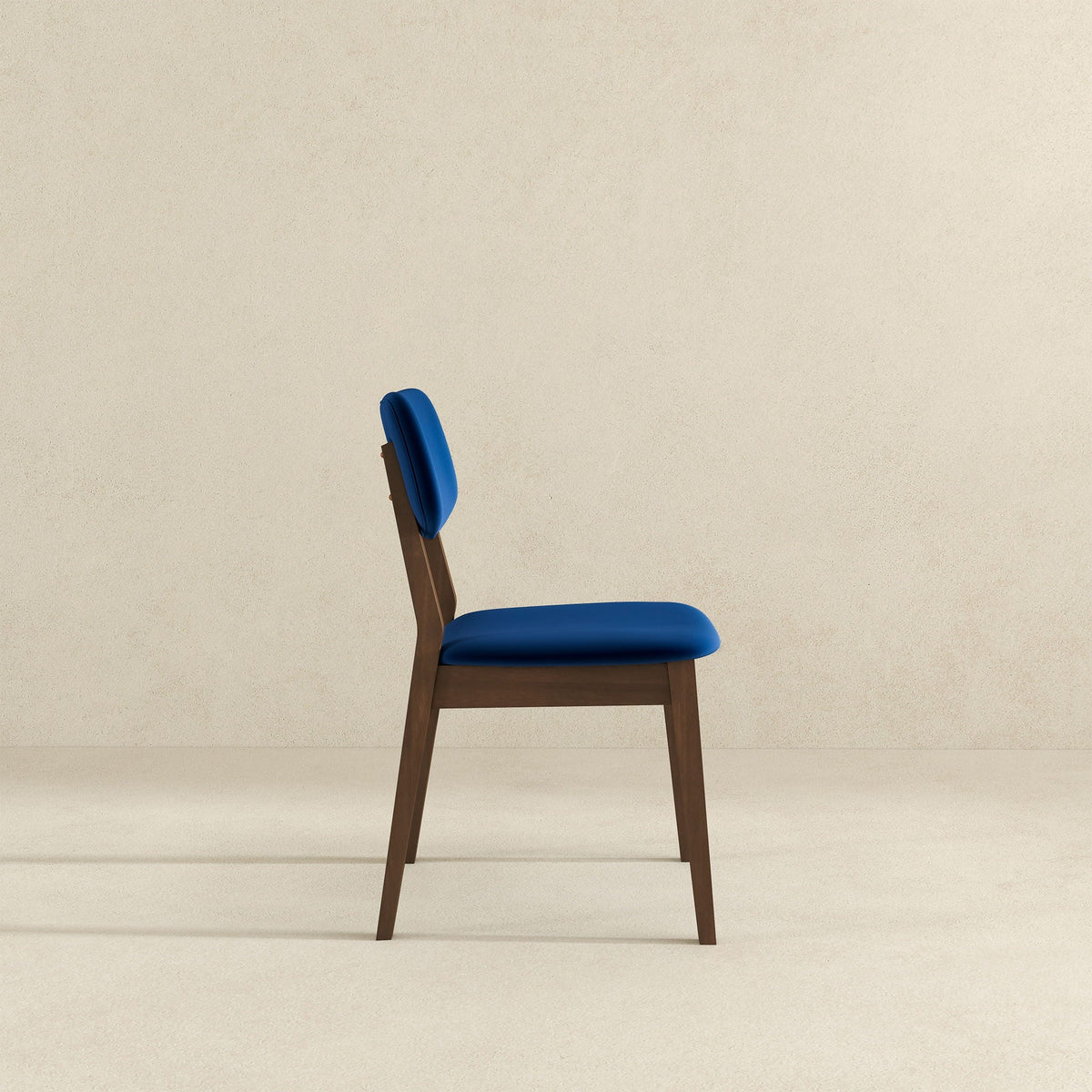 Solid back side chair blue upholstery with brown wood legs in mid-century style on Tampa Home & Garden Store