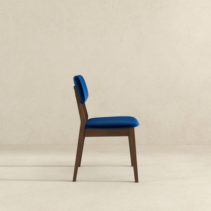 Solid back side chair blue upholstery with brown wood legs in mid-century style on Tampa Home & Garden Store