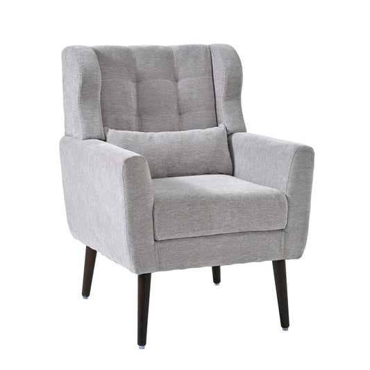 Modern grey upholstered arm chair with padded back and pillow, solid wood legs on Tampa Home & Garden Store