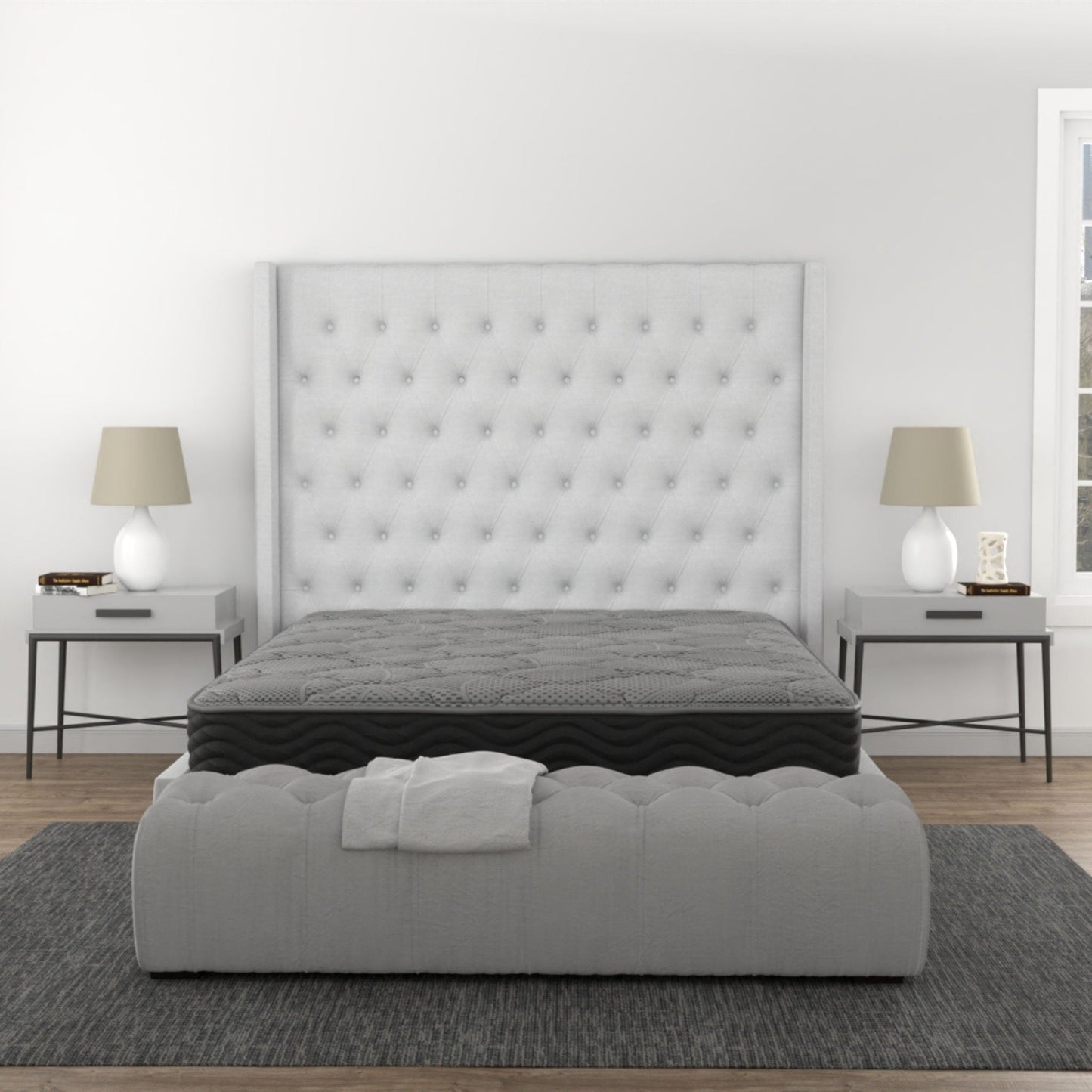 CS Hybrid 8-inch Pocket Coil Mattress on gray tufted bed with matching nightstands on Tampa Home & Garden Store