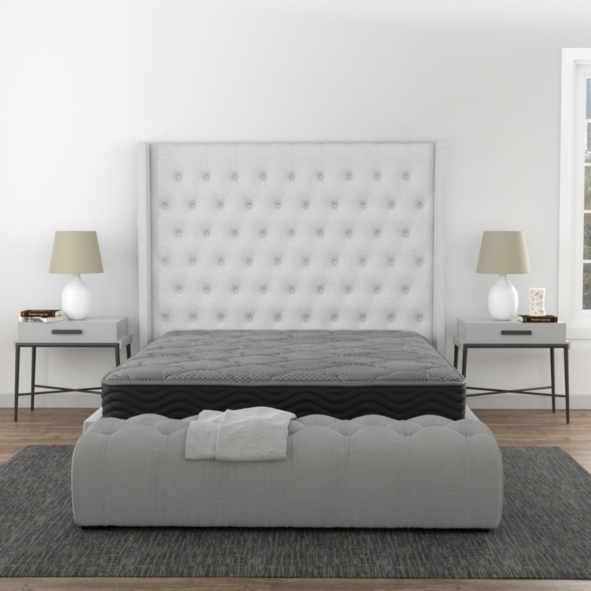 CS Hybrid 8-inch Pocket Coil Mattress on gray tufted bed with matching nightstands on Tampa Home & Garden Store