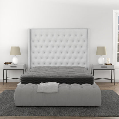 CS Hybrid 8-inch Pocket Coil Mattress on gray tufted bed with matching nightstands on Tampa Home & Garden Store