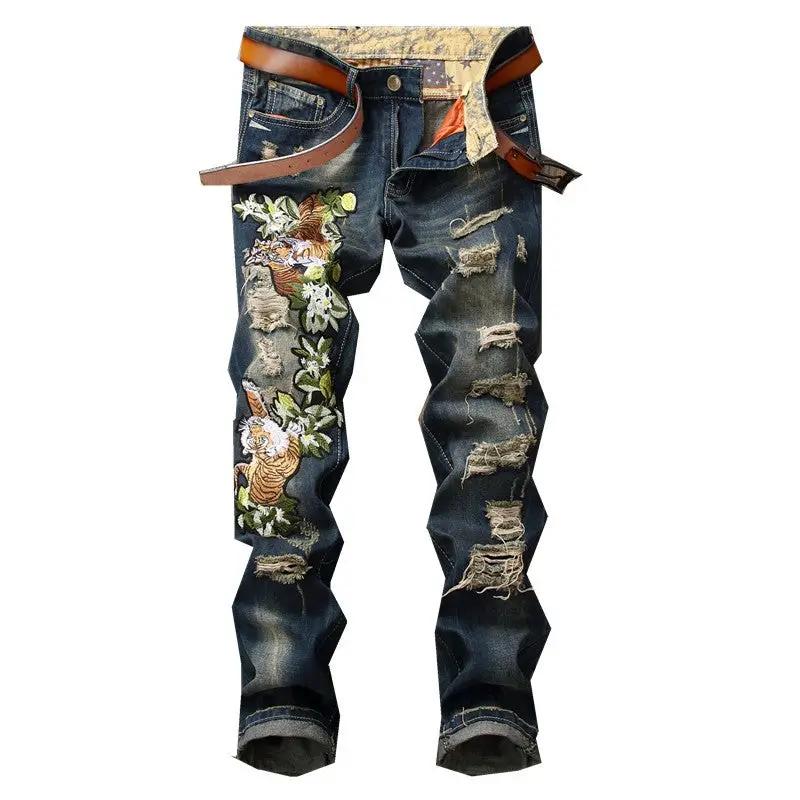 Men's distressed jeans with tiger and floral embroidery, straight fit, blue denim FLIPSTYLEZLLC on Tampa Home & Garden Store