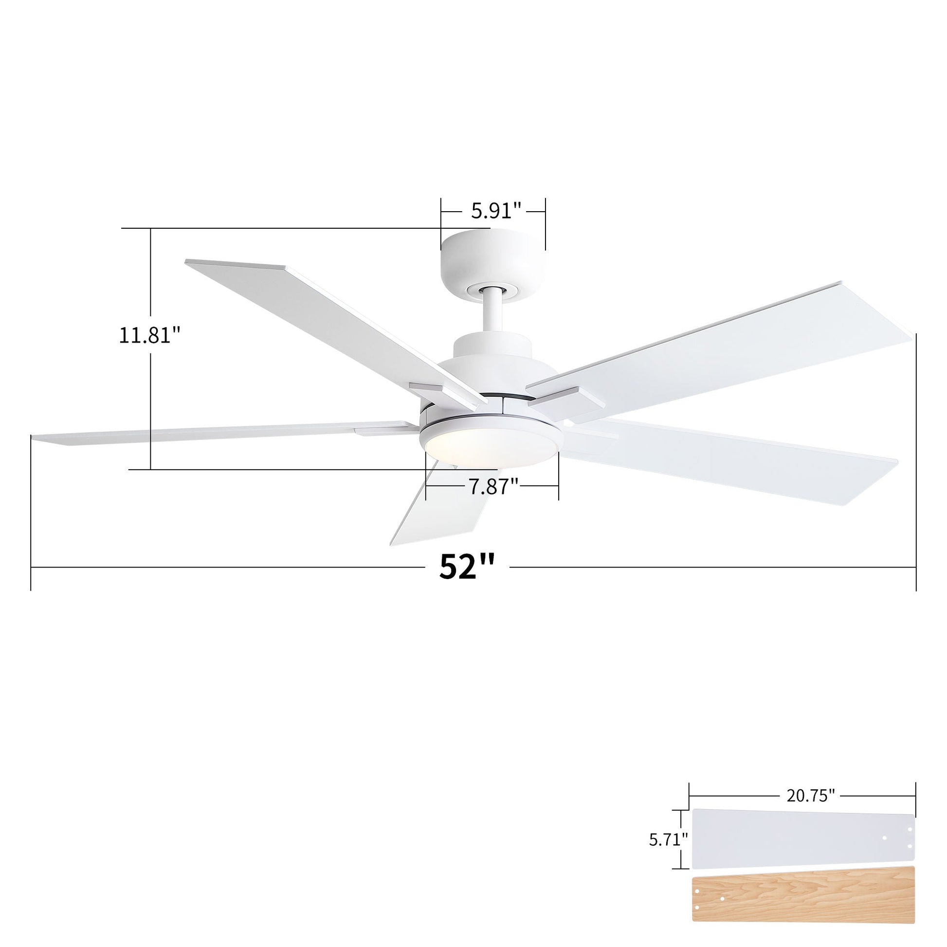 Reversible motor integrated LED dimmable ceiling fan with light, white finish, 52in blade span on Tampa Home & Garden Store