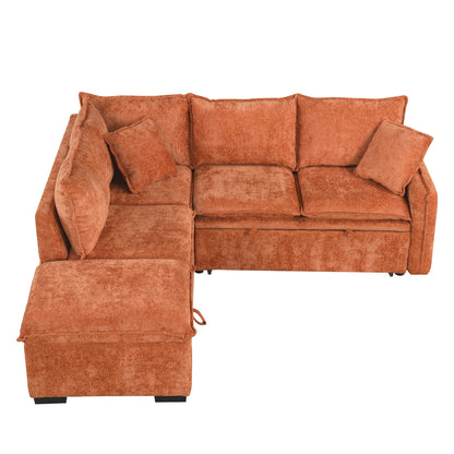 Sleeper sectional sofa rust orange with storage ottoman by HouseOfZazla, two pillows on Tampa Home & Garden Store