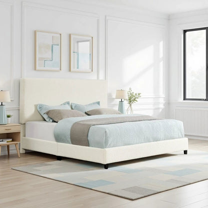 Platform Bed & Upholstered Headboard with cream upholstery, two nightstands, blue-gray bedding on Tampa Home & Garden Store