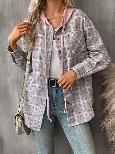 Stevvex plaid buttoned hooded jacket for women, pink-lined hood, cotton-blend outerwear on Tampa Home & Garden Store