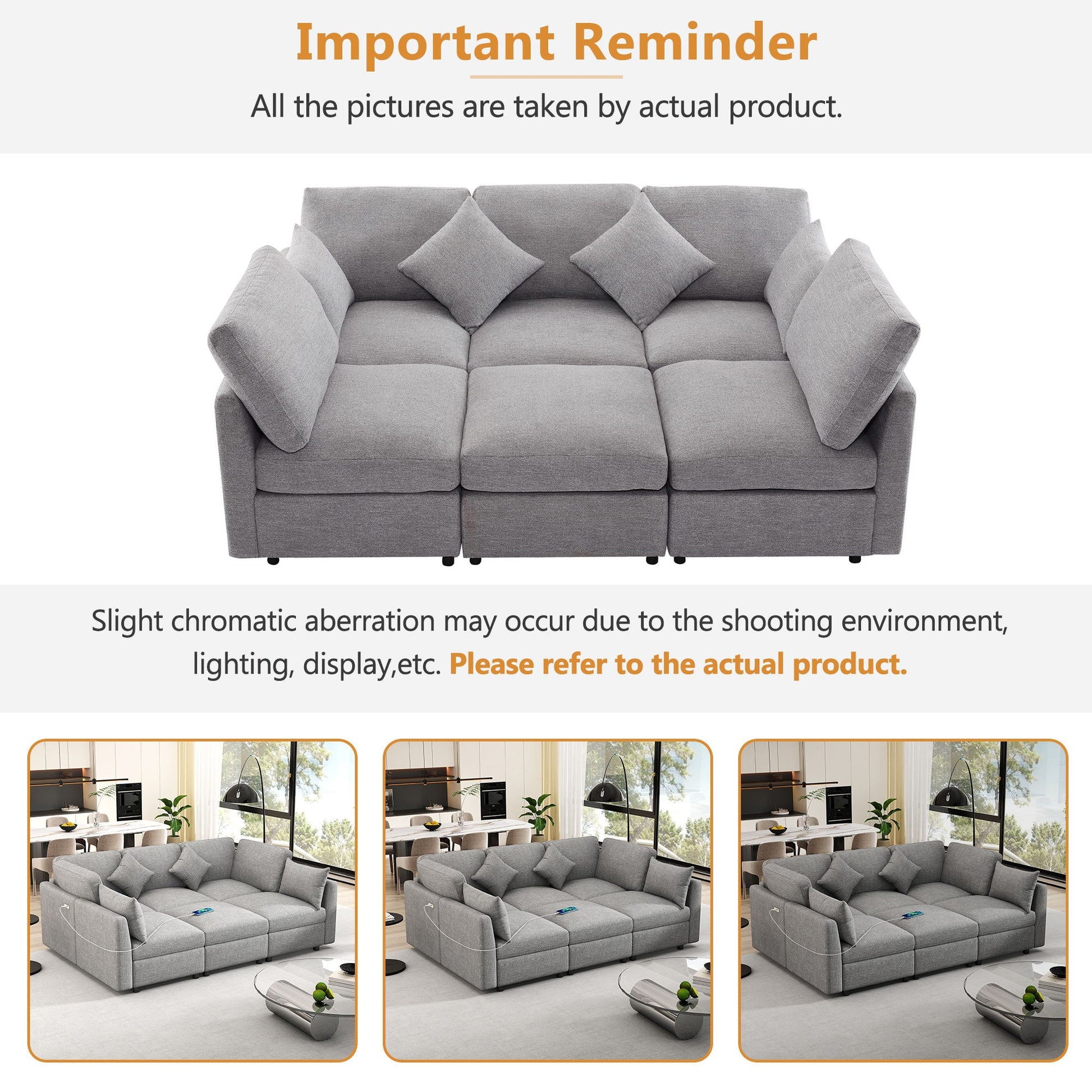 Sectional sofa modular U-shaped in gray fabric with plush cushions and square pillows on Tampa Home & Garden Store