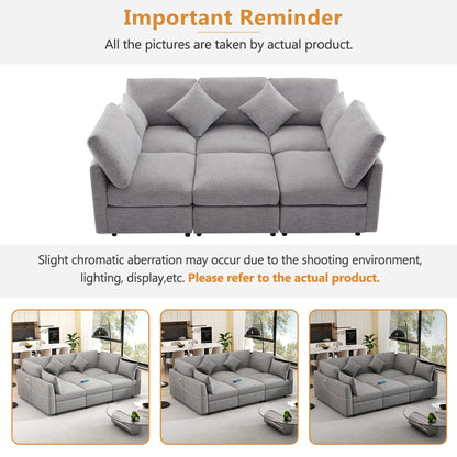 Sectional sofa modular U-shaped in gray fabric with plush cushions and square pillows on Tampa Home & Garden Store