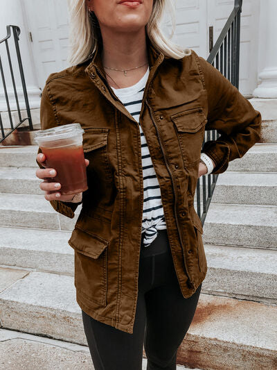 Stevvex retro pocketed long sleeve brown zip-up jacket with multiple front pockets on Tampa Home & Garden Store