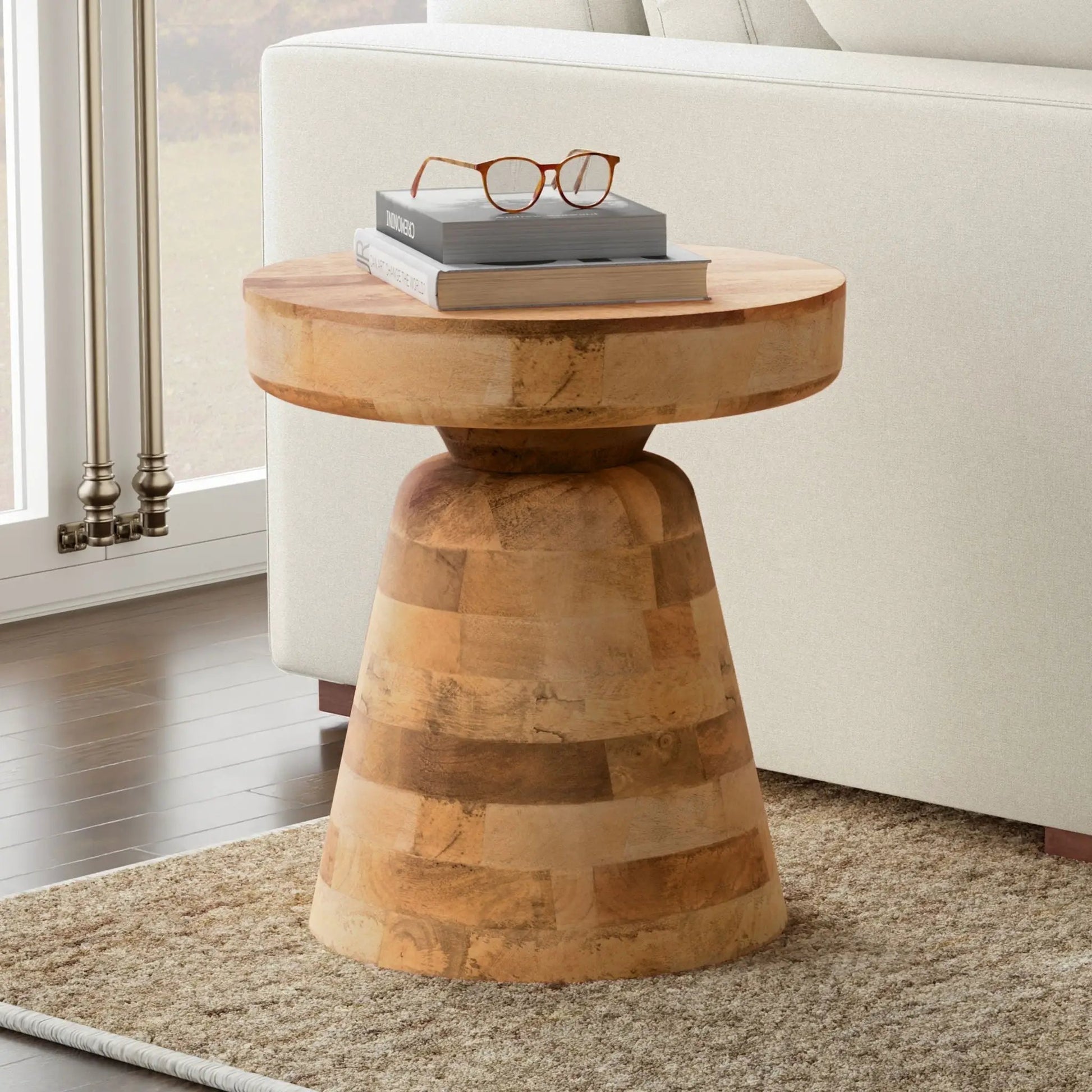 Robbie Accent Table, Unique Piece Furniture, honey wood pedestal with glasses atop books on Tampa Home & Garden Store