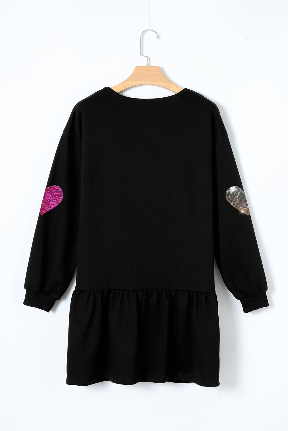 Cute Heart Round Neck Long Sleeve Mini Dress with pink and silver sequin hearts on sleeves on Tampa Home & Garden Store