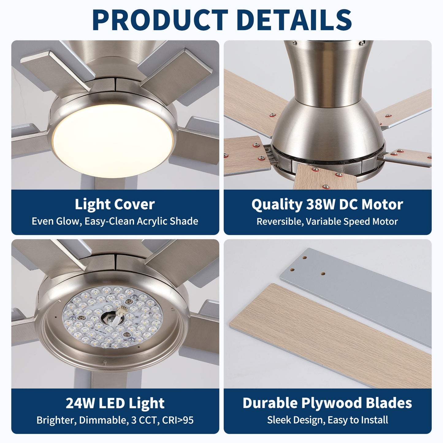 HouseOfZazla Low Profile Flush Mount Integrated LED Ceiling Fan with light brushed nickel housing and wood blades on Tampa Home & Garden Store