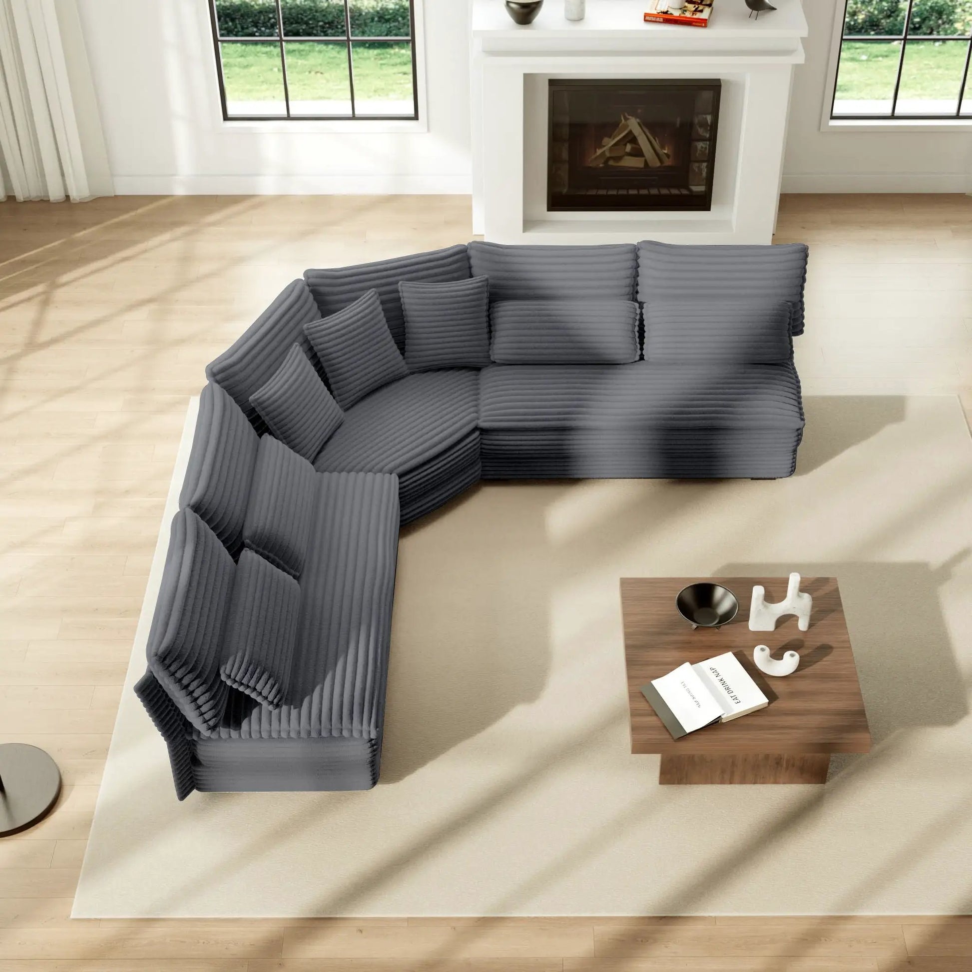 5 seater L-shaped sectional sofa curved corner in charcoal ribbed fabric with 7 pillows on Tampa Home & Garden Store