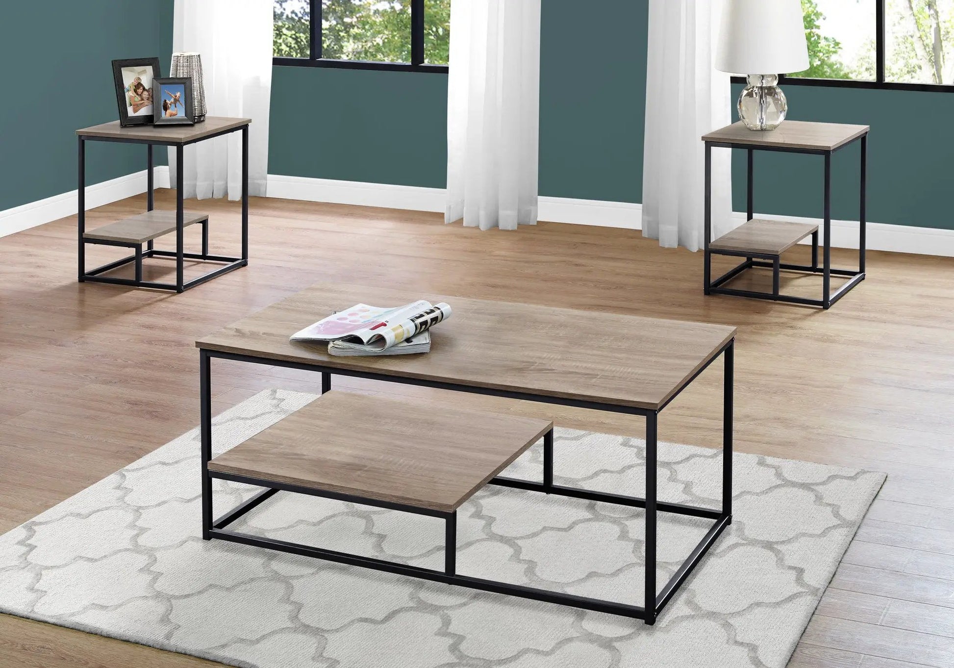 Table set of 3 contemporary wood-top coffee end side accent tables with black metal frames on Tampa Home & Garden Store