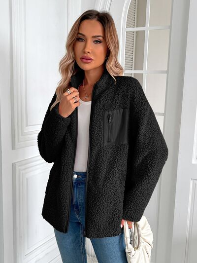 Stevvex black fleece zip-up jacket with zip chest pocket, plush cozy outerwear for women on Tampa Home & Garden Store