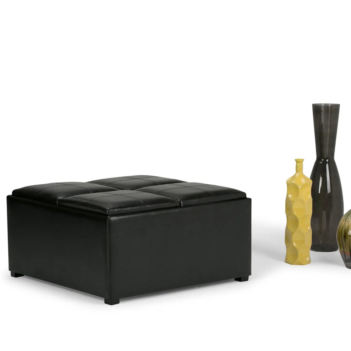 Avalon square storage ottoman in black faux leather with tufted top on Tampa Home & Garden Store