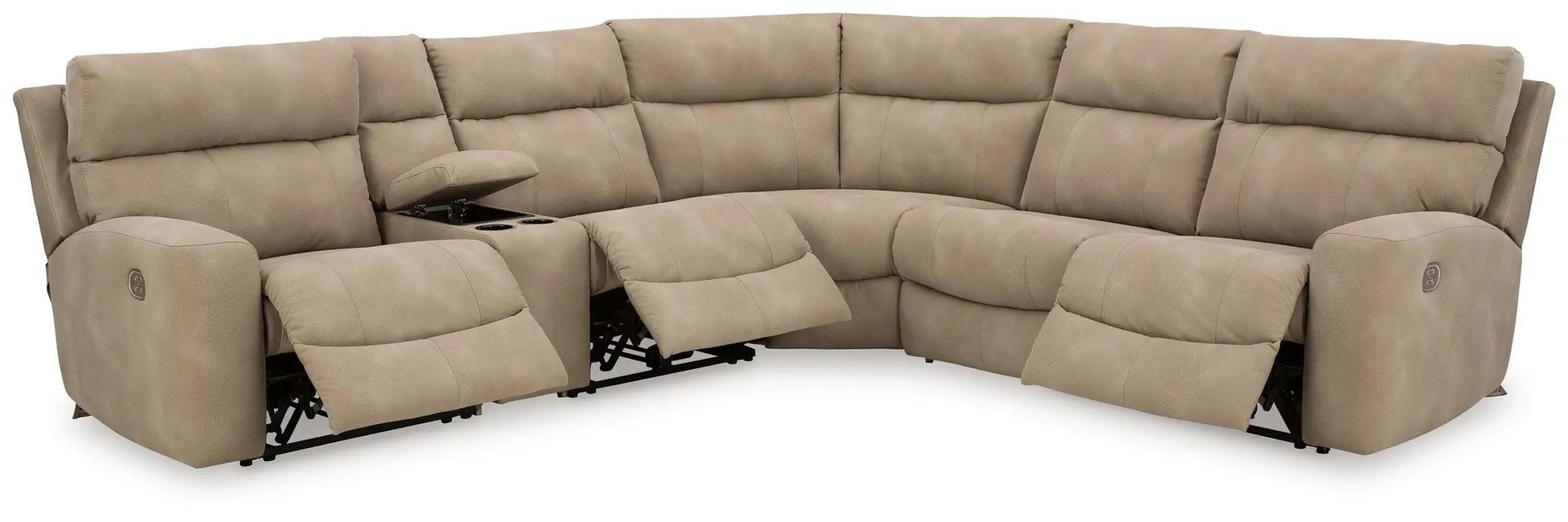 Next-Gen Durapella reclining sectional beige with center console and cup holders on Tampa Home & Garden Store