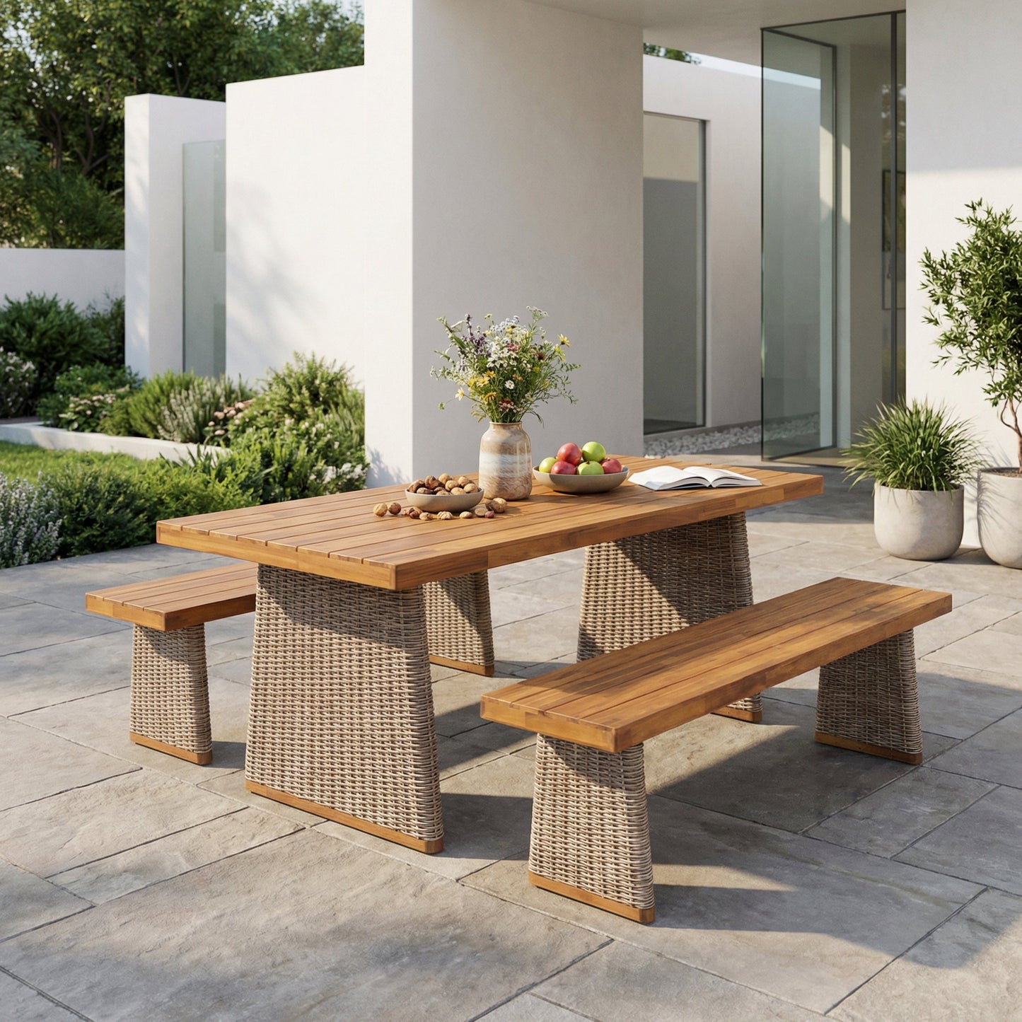 Outdoor 3 Piece Acacia Wood Dining Set and Bench