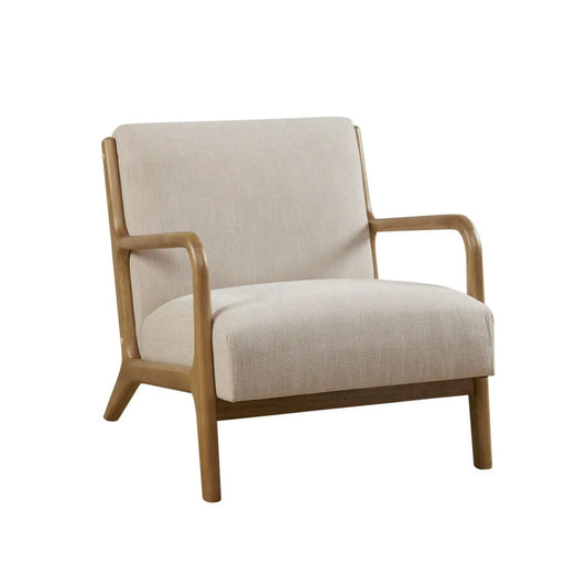 Mid-Century Style Lounge Chair upholstered beige seat with wooden armrests on Tampa Home & Garden Store