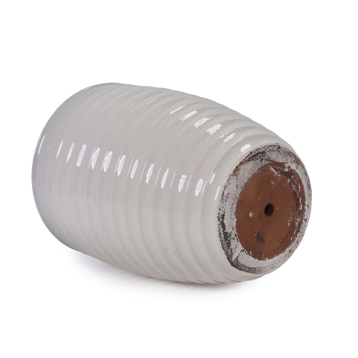 Flowerpot planter white ribbed ceramic with brown base and drainage hole patio windowsill on Tampa Home & Garden Store