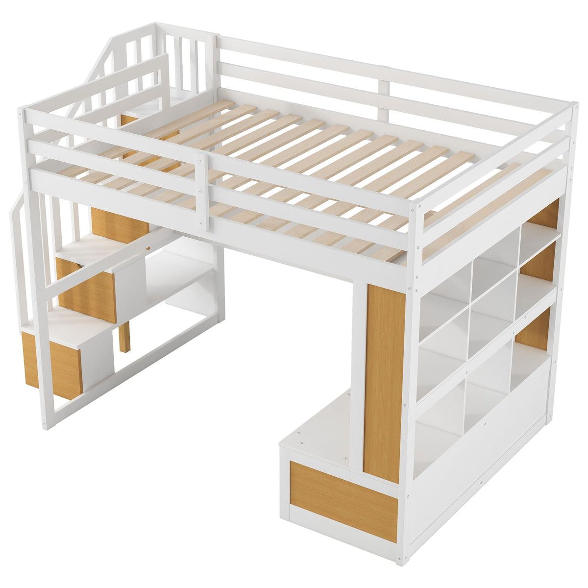 HouseOfZazla full size loft bed with desk, shelves, white, natural wood stairs, 2 drawers on Tampa Home & Garden Store