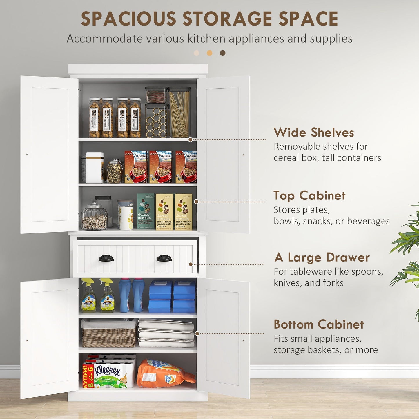 Freestanding White Kitchen Pantry and Cabinet