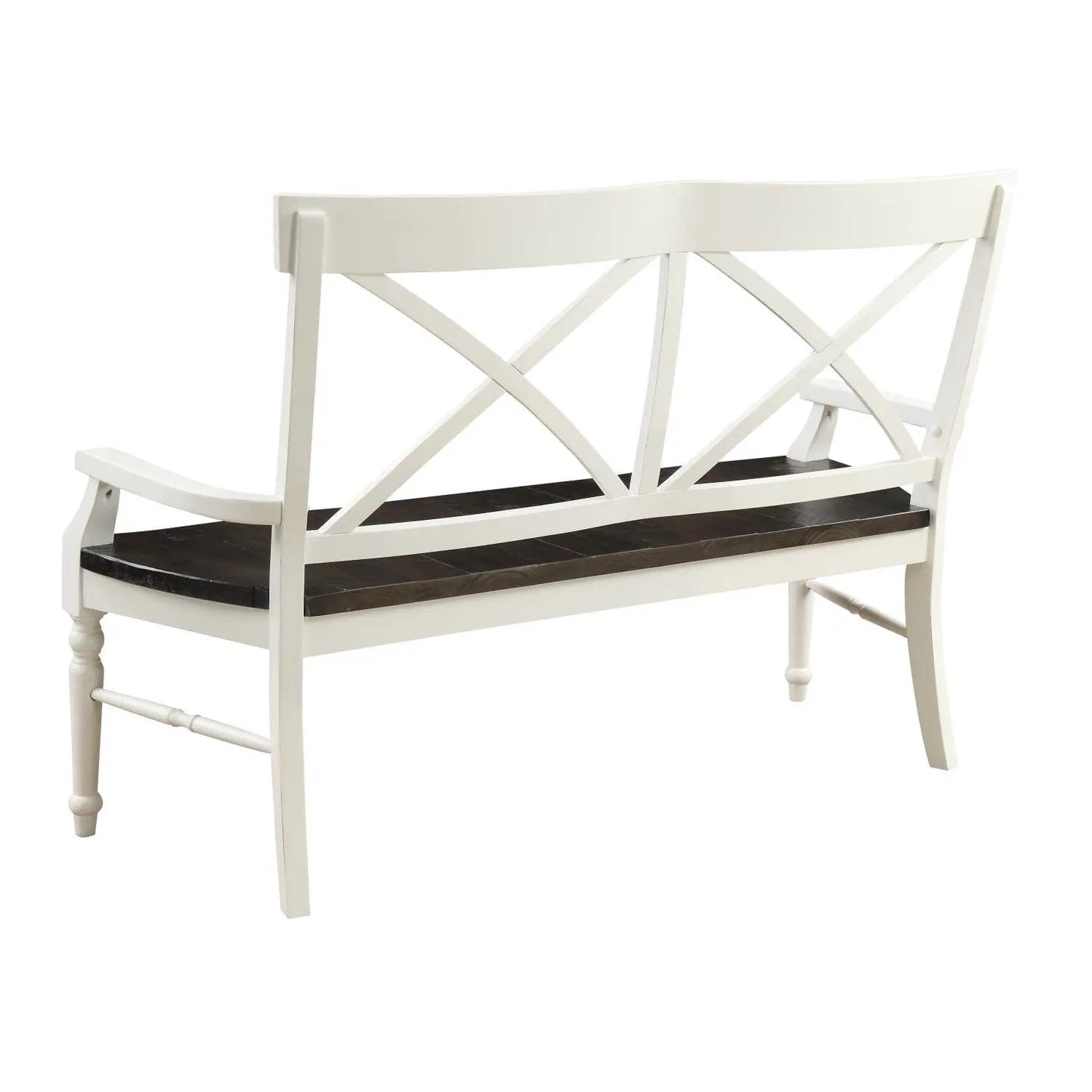 Mountina dining bench white frame with dark brown wood seat, X-back design, curved arm ends on Tampa Home & Garden Store