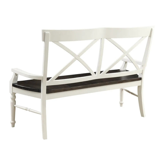 Mountina dining bench white frame with dark brown wood seat, X-back design, curved arm ends on Tampa Home & Garden Store