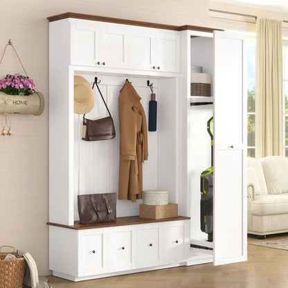 Entryway Hall Tree With Storage Bench in white finish with coat hooks and upper cabinets on Tampa Home & Garden Store