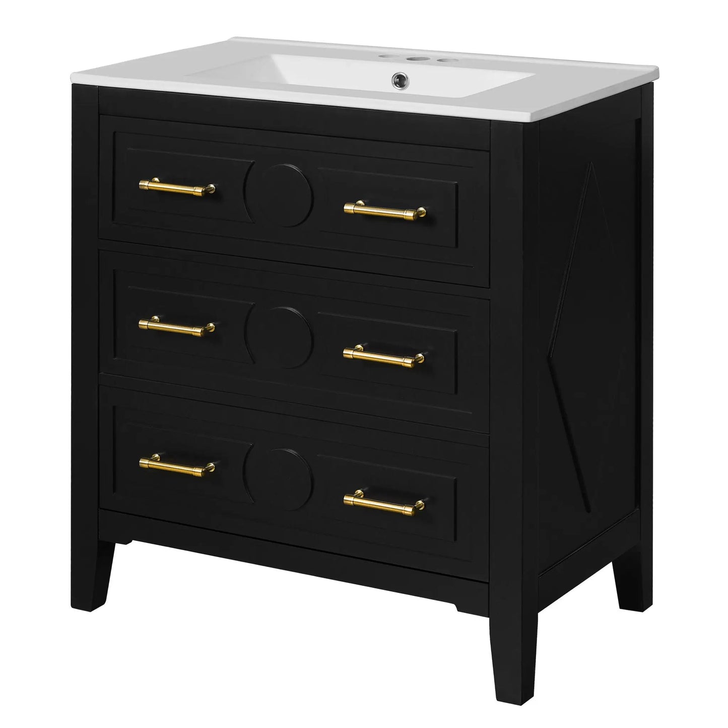 Retro bathroom vanity with sink, black freestanding cabinet with 3 drawers and gold handles on Tampa Home & Garden Store