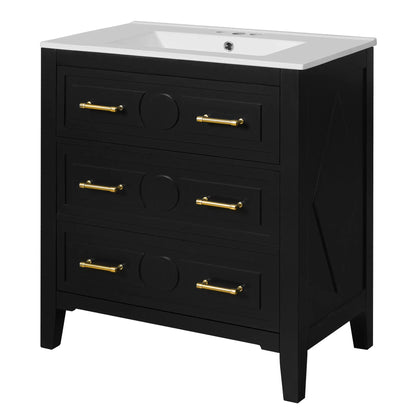 Retro bathroom vanity with sink, black freestanding cabinet with 3 drawers and gold handles on Tampa Home & Garden Store